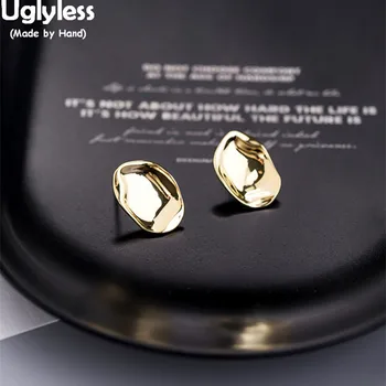 

Uglyless 100% Real 925 Sterling Silver Glossy Concave Convex Wild Studs for Women Oval Gold Earrings HOT Sexy Brincos Bijoux