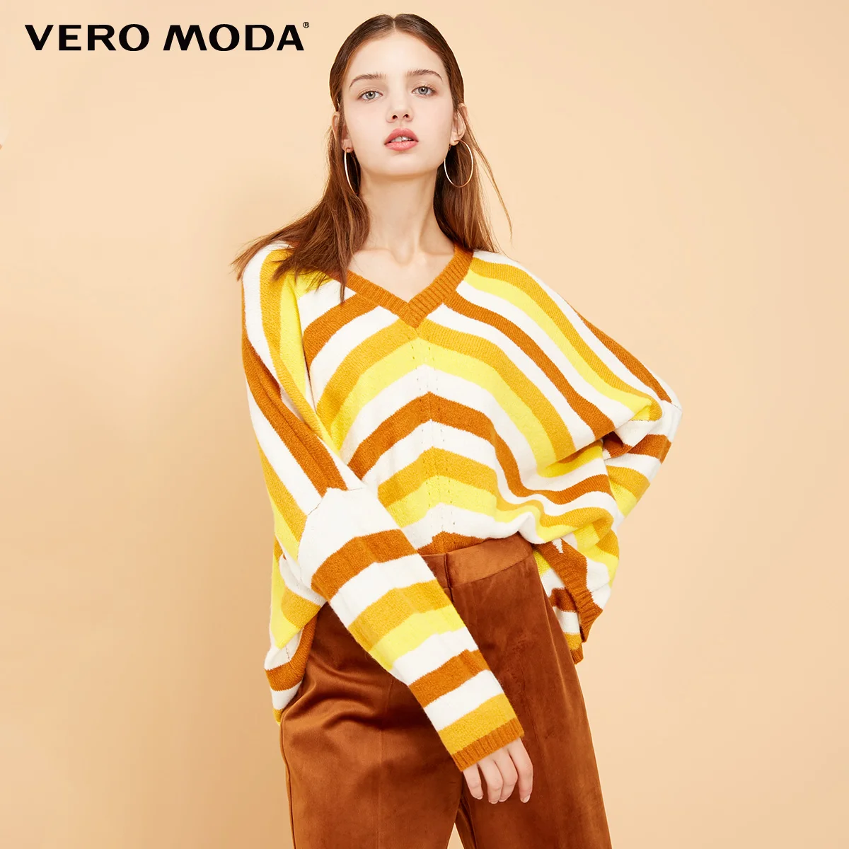 Vero Moda Новая женская Свободная одежда в полоску с v-образным вырезом с заниженным плечом уличная вязаная одежда | 318413502 - Цвет: Pumpkin spice