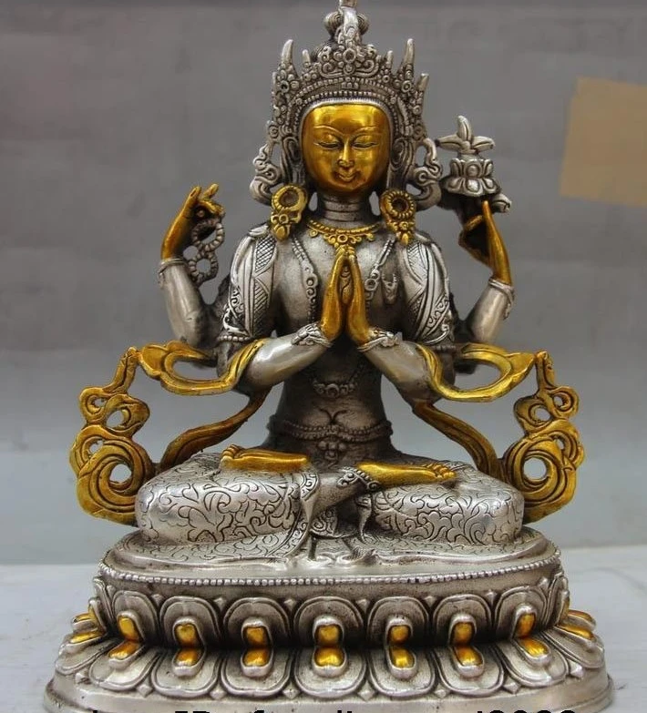 

Tibet White Copper Silver Buddhism Statue Four arm Guanyin Kwan-yin Bodhisattva