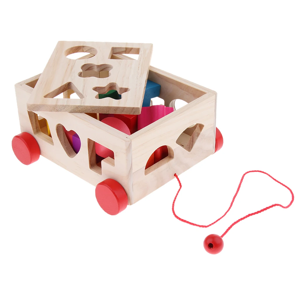 Kids Wooden Shape Sorting Car Educational Toys Toddler Baby Jigsaw Stacking Game Toddler Drag Car to Walk Gifts