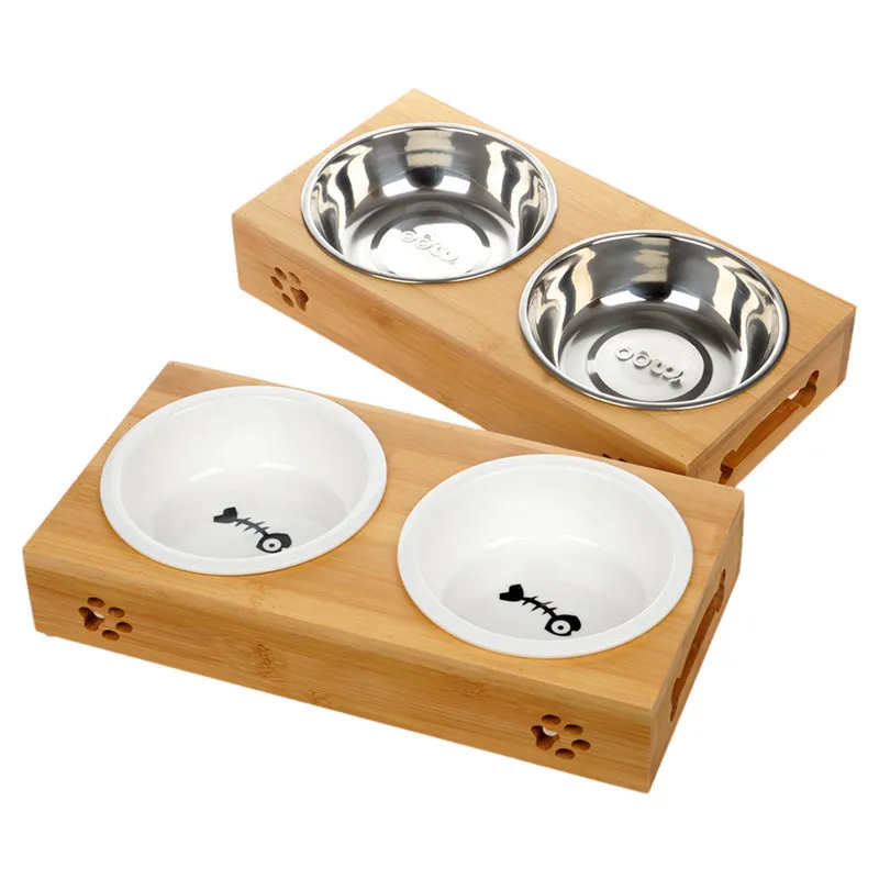 

New Fashion Dog Feeders Bowl Bamboo Tableware Ceramic and Stainless Steel Double Mouth Dog Bowl High Grade Antiskid Pet Supplies