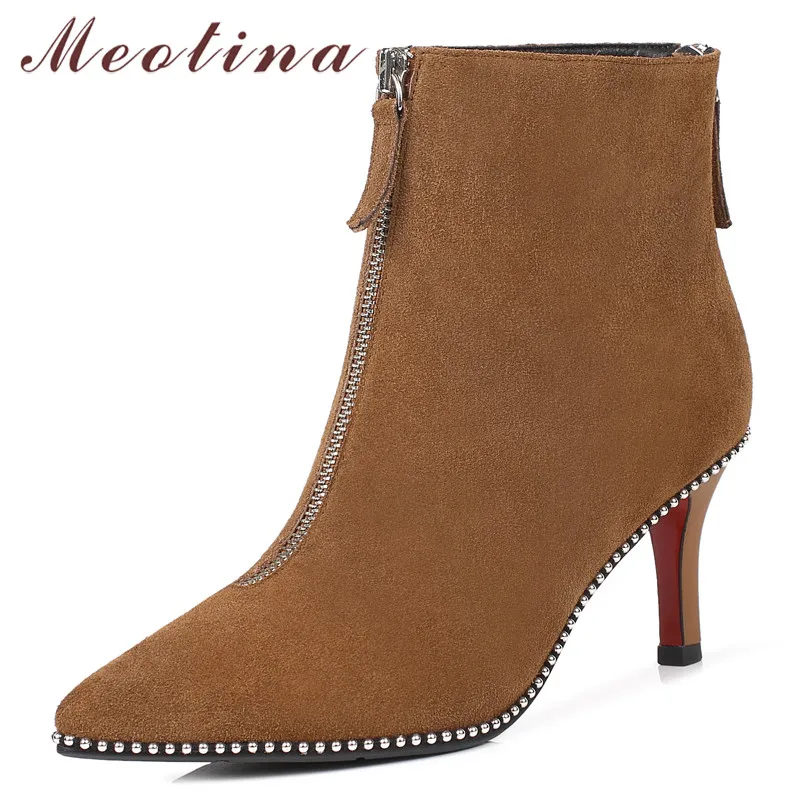 

Meotina Genuine Leather Ankle Boots Women Cow Suede Thin High Heel Short Boots Zipper Pointed Toe Shoes Female Autumn Size 34-39