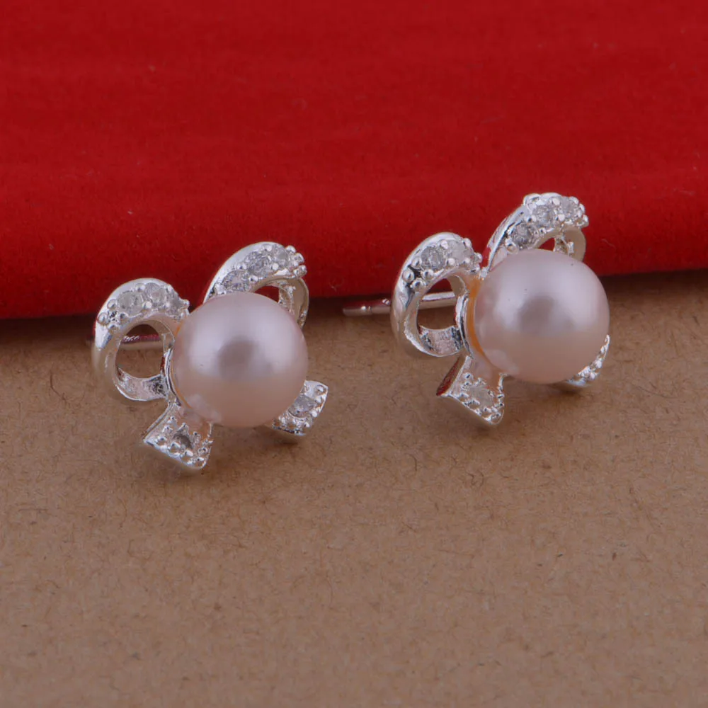 

Hot Sell sterling-silver-jewelry Women Stud Earrings Black Pink Pearl Jewelry Silver Plated Bowknot Hear Stud Earrings for Women
