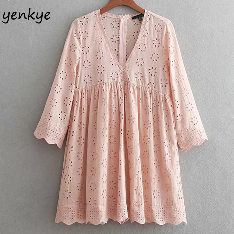 Fashion Women Sexy Openwork Embroidery Dress Lady V Neck High Waist Casual Summer Short Dress Brand blusas CCWM8761