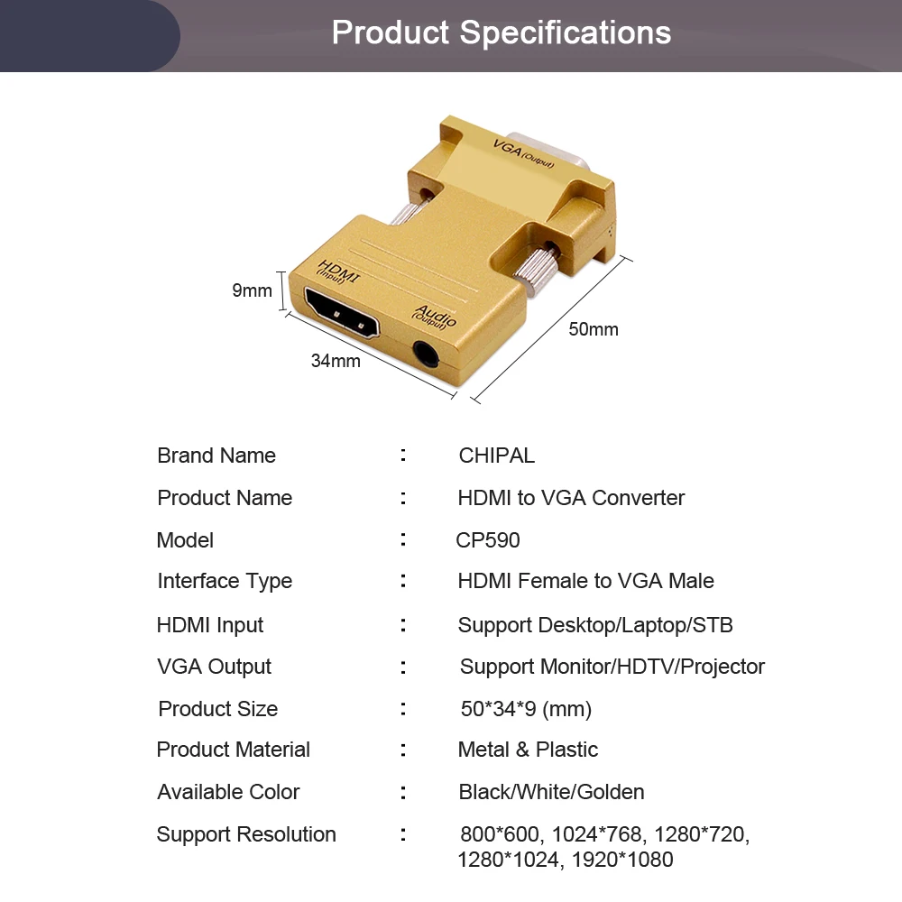 Преобразователь CHIPAL hdmi vga адаптер HDMI2VGA с аудиокабелем для ПК настольного