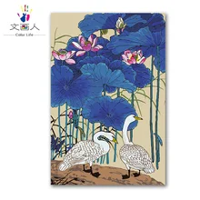 Пейзаж животных в сочетании с, DIY цифровая картина маслом по номерам с комплектами лотоса, гуся на холсте стены искусства гостиной украшения