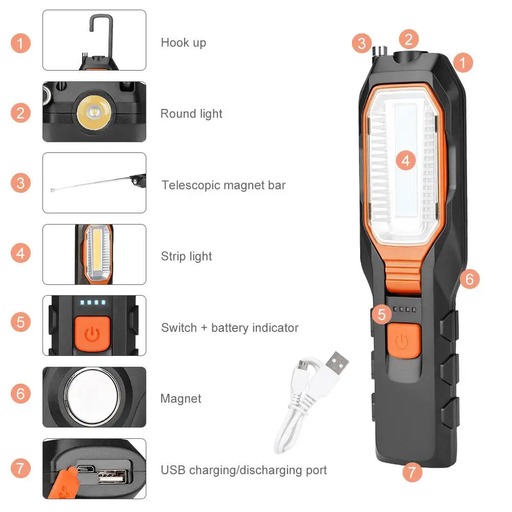 LED Work Light COB Rechargeable Bright LED Flashlight With Magnetic Base For Camping Car Repair Household Emergency Use