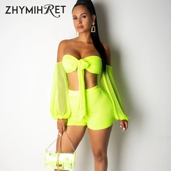 

ZHYMIHRET Long Mesh Lantern Sleeve Crop Top Shorts Two Piece Set For Women Neon Bow T Shirt Shorts Summer Festival Macthing Sets