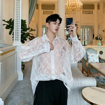 

Men Transparent Vintage Streetwear Hip Hop Shirts Organza Embroidery Long Sleeve Loose Casual Shirt Male Women Stage Costume