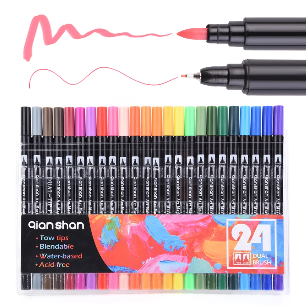 

24 Colors Dual Headed Water Based Ink 0.4mm Tip Fine Brush Artist Set Marker Graphic Sketch Manga Drawing Pen Supplies