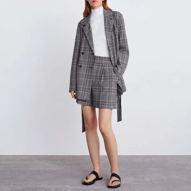Vintage Double-breasted Checkered Blazer Women Long Office Lady Suit Coat 2019 Spring Autumn Jacket Women with Sashes AO932 Vintage Double-breasted Checkered Blazer Women Long Office Lady Suit Coat 2019 Spring Autumn Jacket Women with Sashes AO932