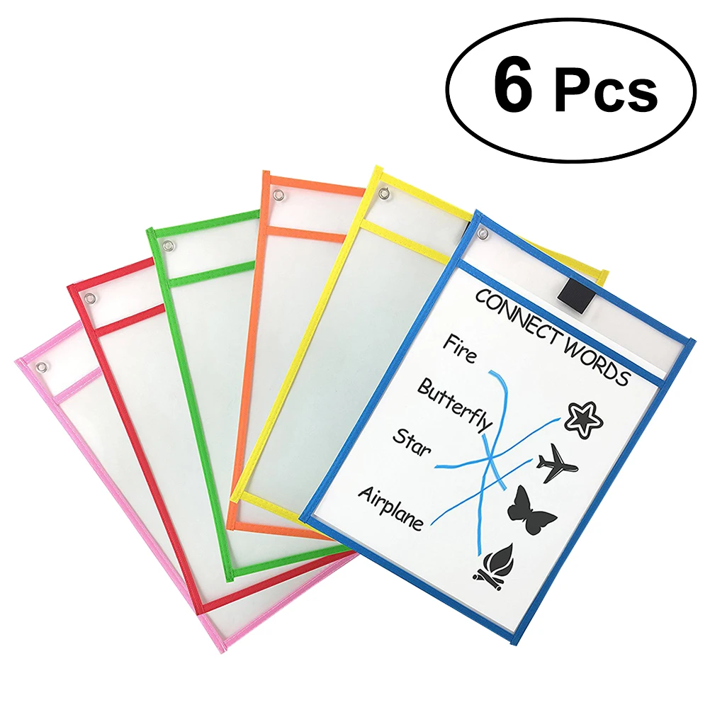 6pcs Dry Erase Pockets Resuable Portable Durable Functional File Bag
