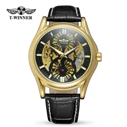 Победитель Золотой Роскошные открытые работы дизайн коричневый натуральная мужские наручные часы с кожаным ремешком лучший бренд класса