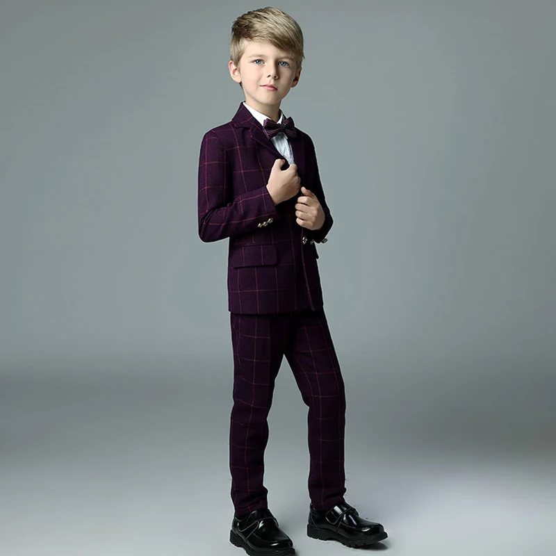 

2018 winter new arrival boys kids blazers boy suit for weddings prom formal plaid wine red suits wedding boy cute suits