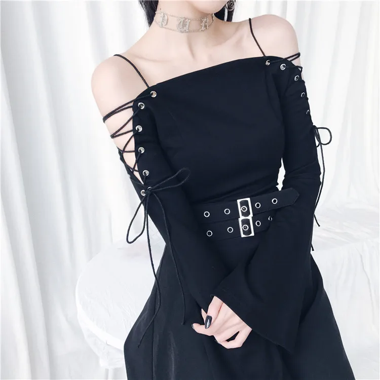 

2019 New Arrival Fashion Women Gothic Punk Hollow Out Cross Straps Sexy Long Sleeve Slash neck T-Shirt Female Top Tees