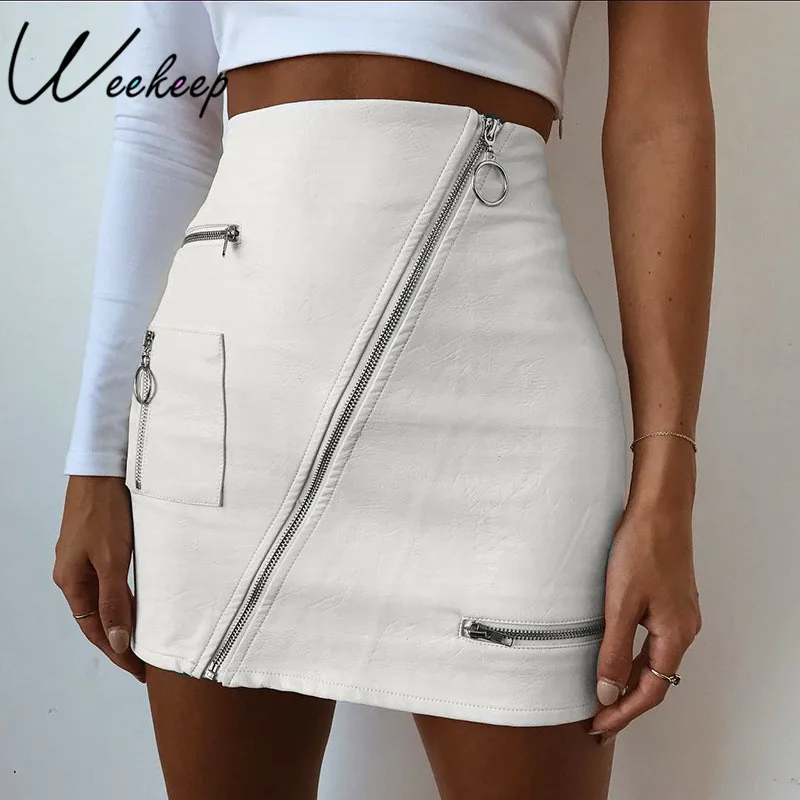 

Weekeep Women PU Leather High Waist Skirts Summer Autumn Elegant Zipper Pocket Mini Skirt 2018 Short Women Streetwear Skirt
