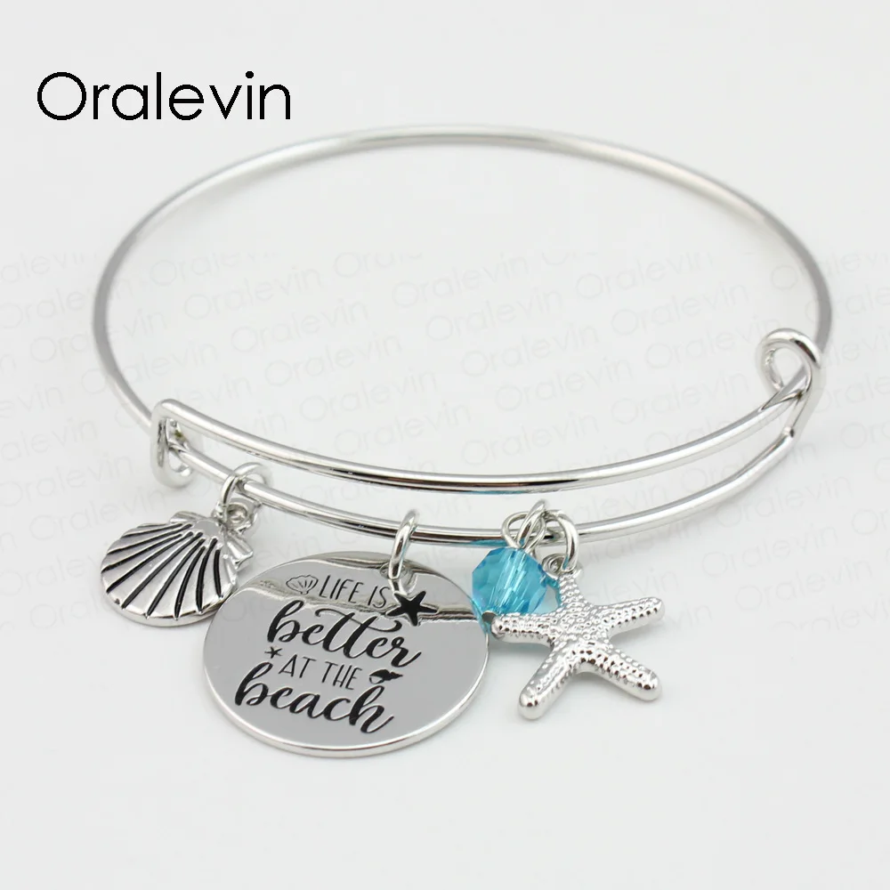 

LIFE IS BETTER AT THE BEACH Hand Stamped Engraved Custom Pendent Charms Expandable Wire Bracelet Bangle Gift Jewelry ,#LN125B