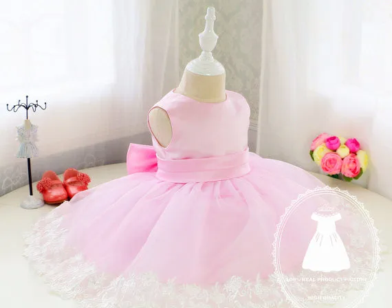 

Pink Infant Glitz Pageant Dress knee-length flower girls dress tiered with big bow 1st birthday outfit