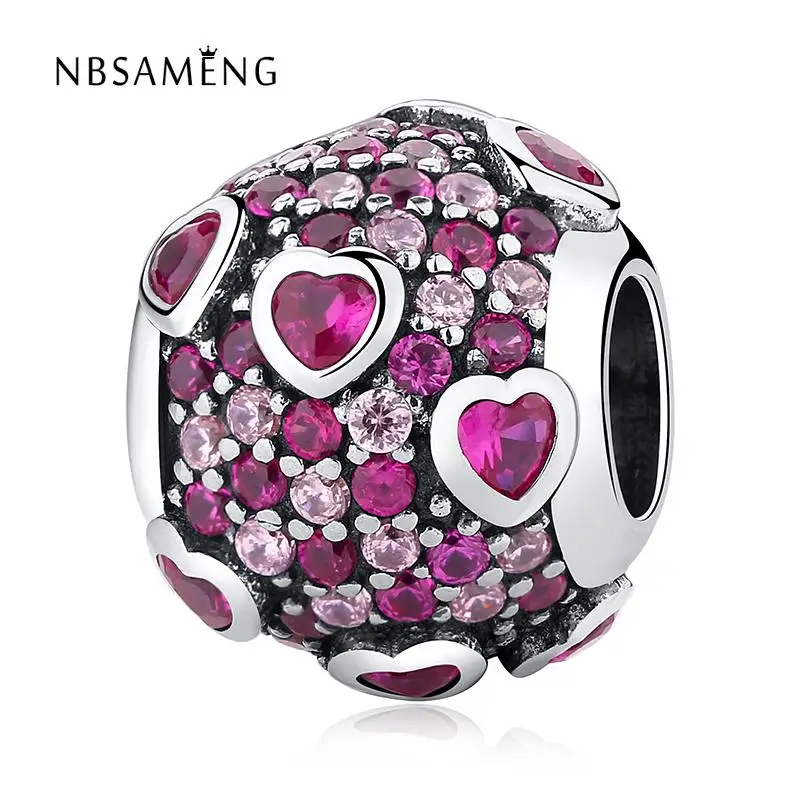 2018 Valentine's Day 925 Sterling Silver Bead Cyrstal Pink Heart Charm