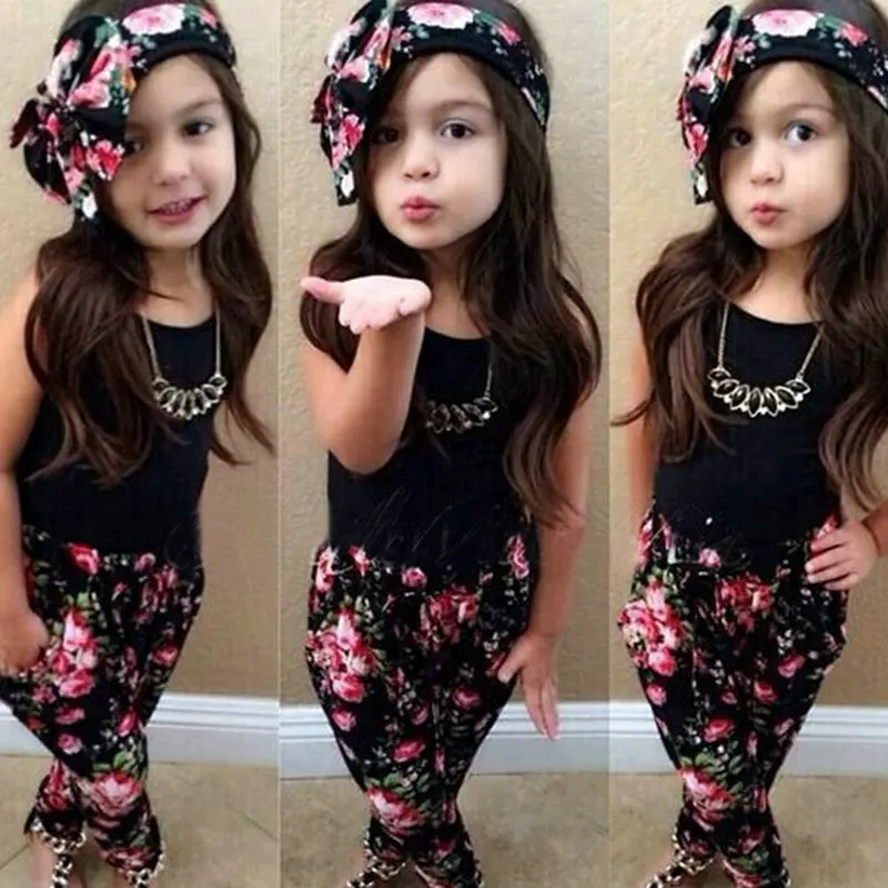 

3 PCS Summer New Baby Kids Girls Cotton Clothing Sets Sleeveless Shirt Tops + Floral Printed Pants + Headband 3 Pcs Sets 2-6Y