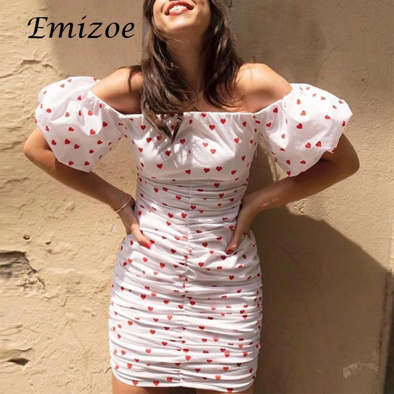 

Emizoe 2018 sexy off shoulder dress women cute heart shape print mini dress summer party club bodcyon female vestdios dress