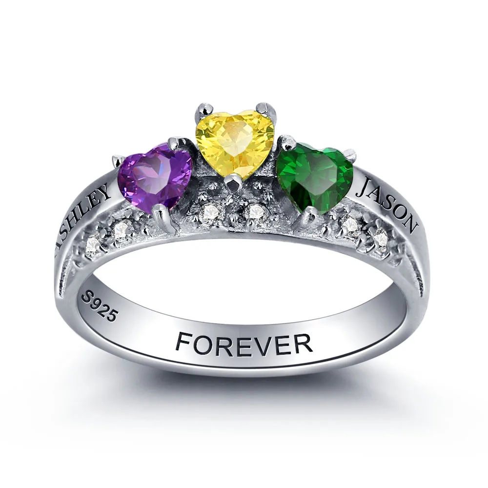 

925 Sterling Sliver Personalized Name Birthstone Heart Rings Custom Family Friend Engraved Jewelry Wife Mother Mom Love Rings