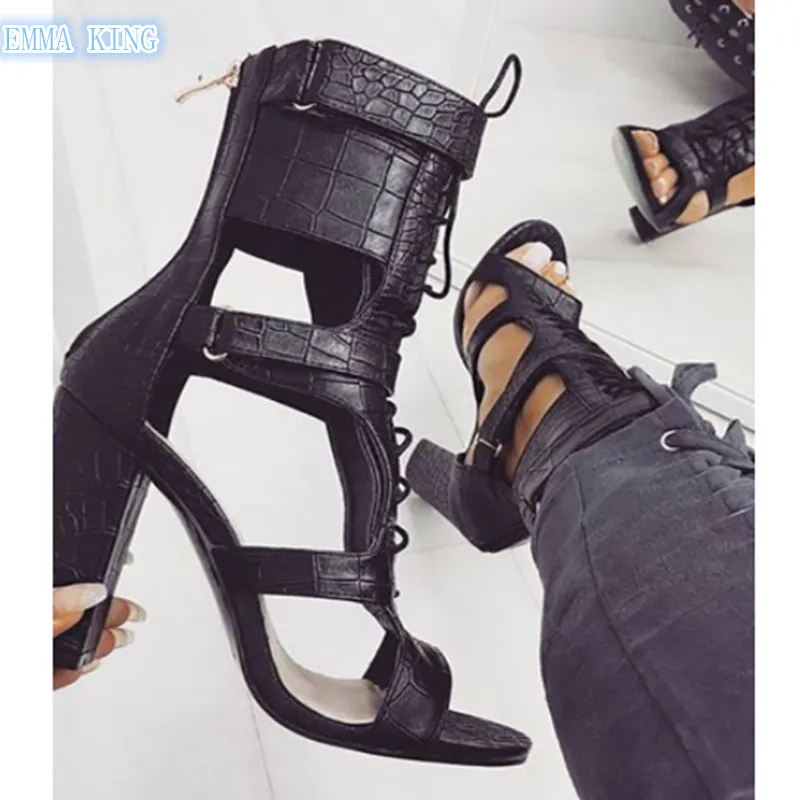 

Summer Sexy Women's Sandals Stilettos Sandalias Mujer Thick Heels Hollow Out Lace Up Fashion Female Shoes Party Summer Boots