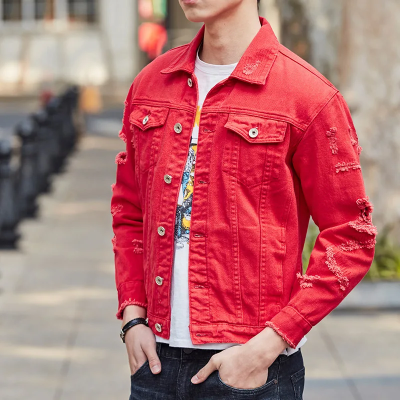 red colour denim jacket