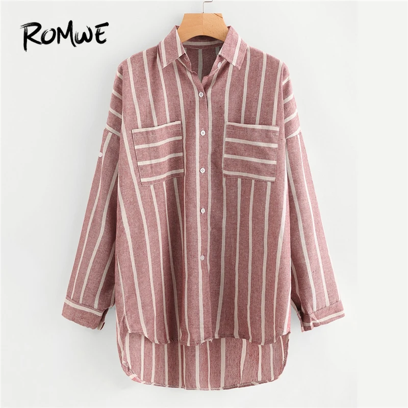 

ROMWE Stripe Red Hi-Lo Shirt Chest Pocket Button Up Blouse Women Dip Hem Casual Tops Fall 2019 Fashion Long Sleeve Lapel Blouse