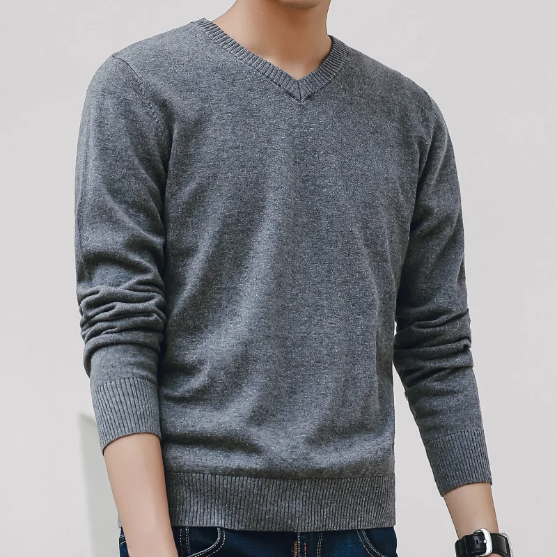 

Sweater Men 2019 Autumn Casual Pullovers Men V-Neck Solid Cotton Knitted Brand Clothing Slim Fit Male Sweaters Pull Homme