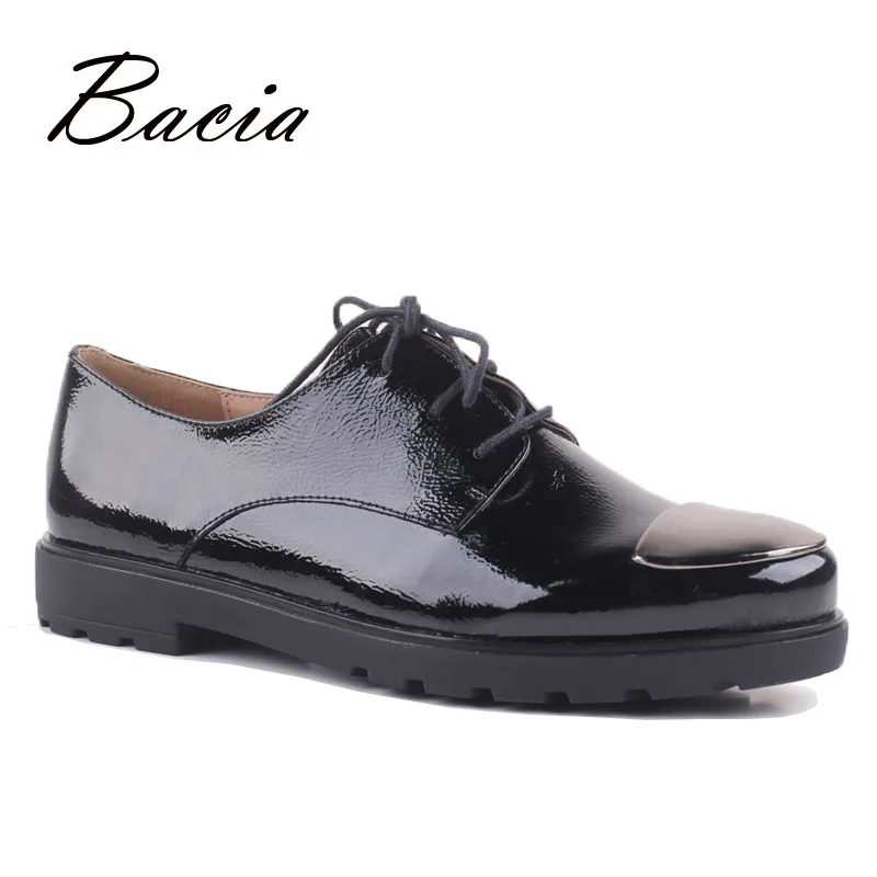 

Bacia Metal Toe Women Genuine Leather Handmade Shoes Solid Black Lace-up Flats Patent Leather Vintage British Style Shoes VD019