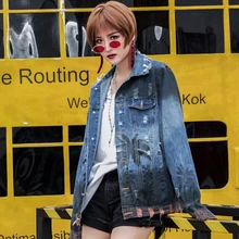 SexeMara модные новые свободные печати отверстие джинсовая куртка