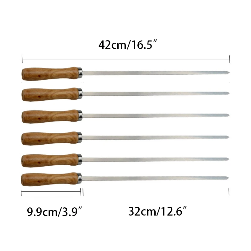 Stainless Steel BBQ Needles Wooden BBQ Kebab skewers Wood Metal BBQ Skewer Grilling Forks Barbecue Accessories 16.5in 42cm