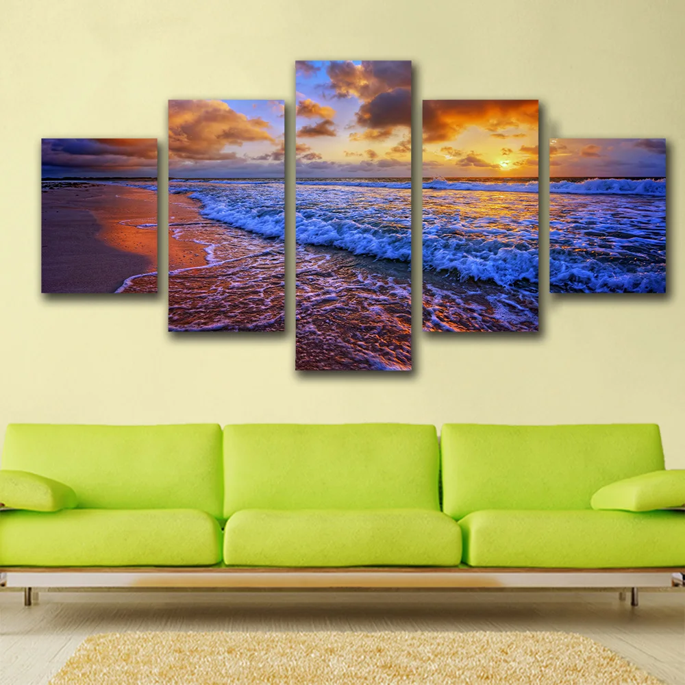 2017 Wall Art Холст Картины маслом 5 шт. пляж облака океан песок закат волна печать