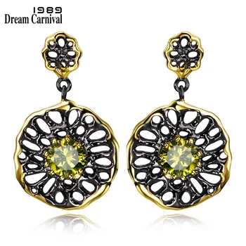 

DreamCarnival 1989 Ethnic Flower Jewel Earrings for Women Dangle Hollow Out Olivine Yellow Color CZ Pendientes Gothic Earing E20