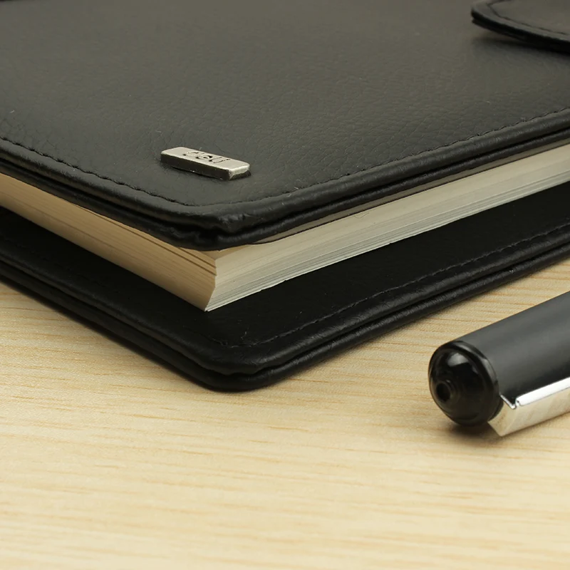 Deli 1pcs leather notebook high quality business meeting diary book with a gel pen black stationery thick notebook 3164