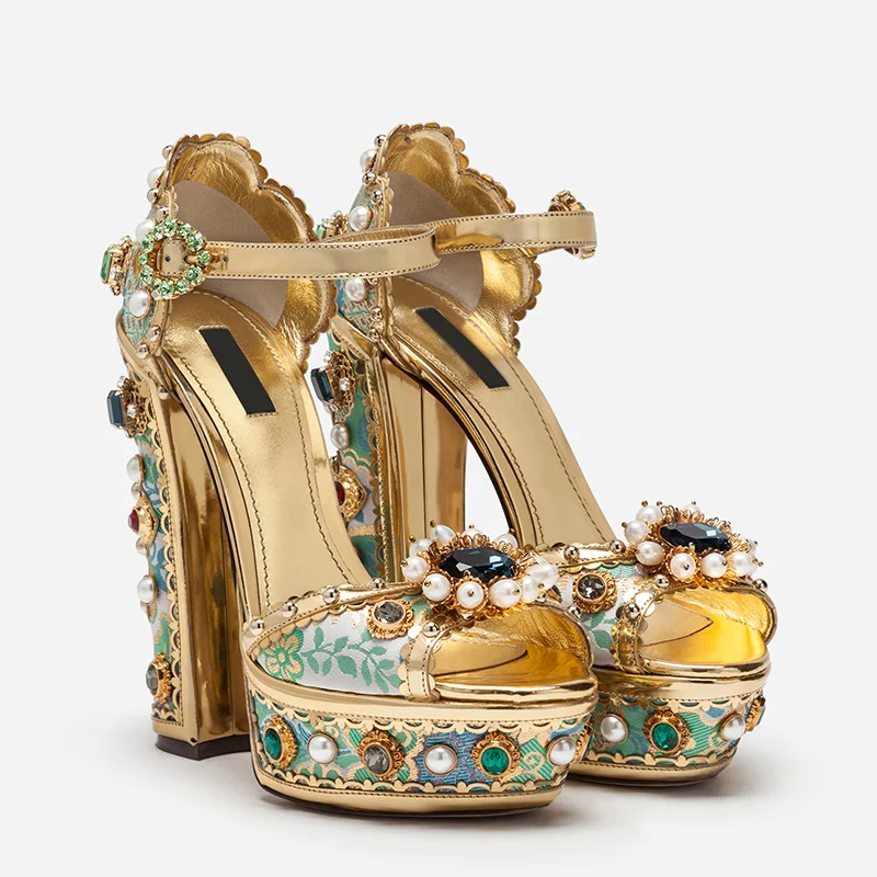 

Womens Platform Peep Toe Embroidery Floral Ankle Buckle Rhinestones Pearls Crystal Block High Heel Pumps Slingback Shoes Gold A