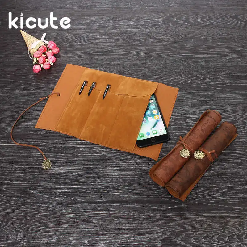 Kicute, винтажные пеналы для карандашей, карта сокровища, свернутые из искусственной кожи, сумки для ручек, подарок для детской вечеринки, сувенир, косметичка в стиле ретро
