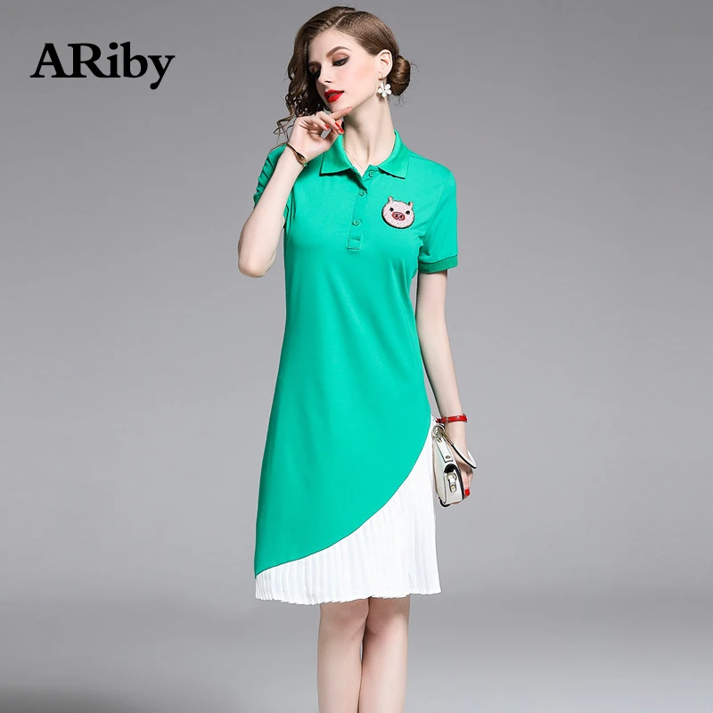 Women Dress 2019 Summer New Fashion Casual Lady T-shirt Dress Lapel Short Sleeve Pig Stitching Pleated Knee-Length Dress Vestido Women Dress 2019 Summer New Fashion Casual Lady T-shirt Dress Lapel Short Sleeve Pig Stitching Pleated Knee-Length Dress Vestido