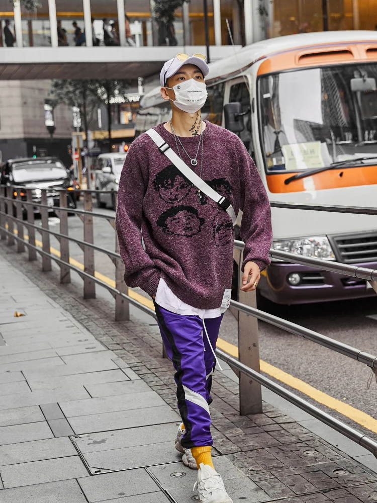 Dark Icon Jacquard Pullover Sweater Men Crew Neck Hip Hop Sweaters Streetwear Cloth Men