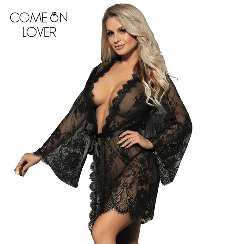

Comeonlover Short mini sexy lingerie dress black white intimo lace bathrobe nightdress long sleeve floral sleep robe RE80528