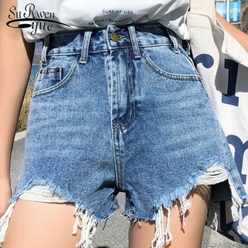 

Streetwear Denim Shorts Women 2019 High Waist Ripped Cool Blue And Black Shorts With Tassel Pockets Mini Short Jeans 3661 50