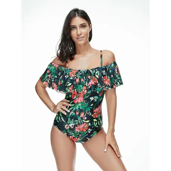 

2019 New Sexy Off The Shoulder Solid Swimwear Women One Piece Swimsuit Female Bathing Suit Ruffle Monokini Swim Wear XL