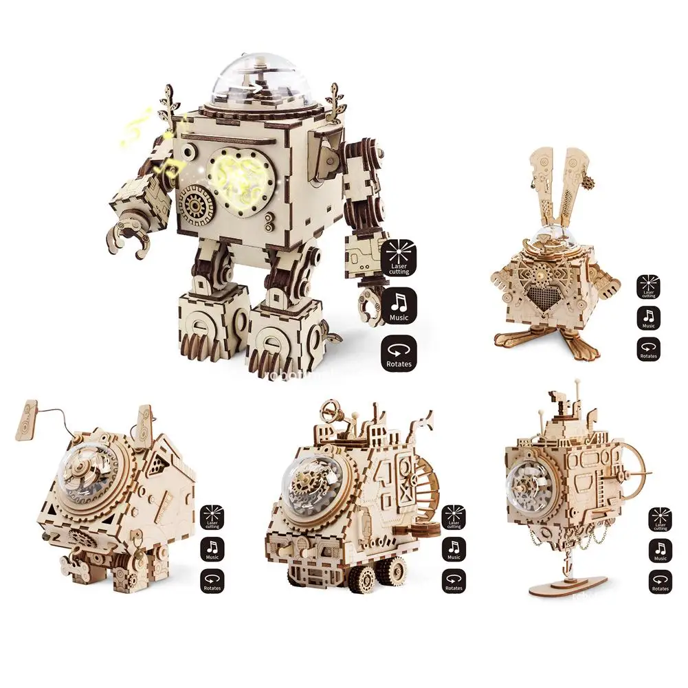 

Punk Style Robot Music toy Box Wooden Music Clockwork Box Beauty best Gifts For Friends Children