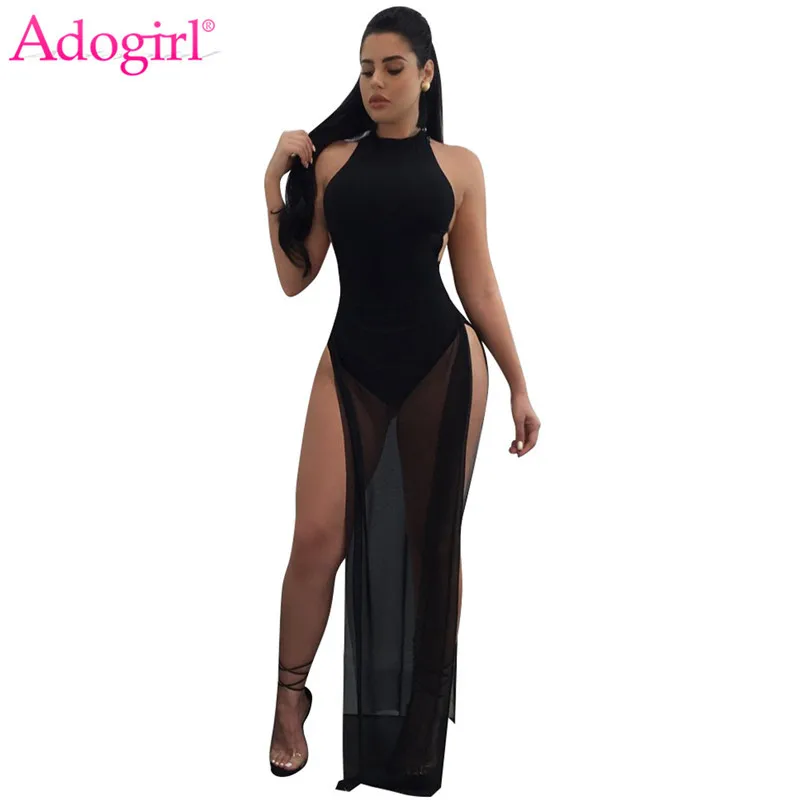 Adogirl شبكة خليط الرسن عارية الذراعين السامية الشق مثير اللباس الصلبة ليلة نادي اللباس الصيف شاطئ فساتين ماكسي vestidos