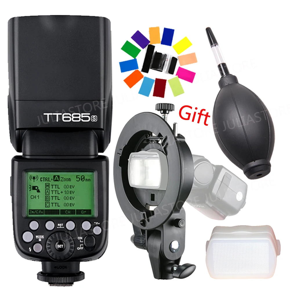 

Godox TT685 TT685S 2.4G HSS 1/8000s TTL Camera Flash + Bowens S-Type Bracket for Sony A77II A7RII A7R A99 A58 A6500 A6000 A6300