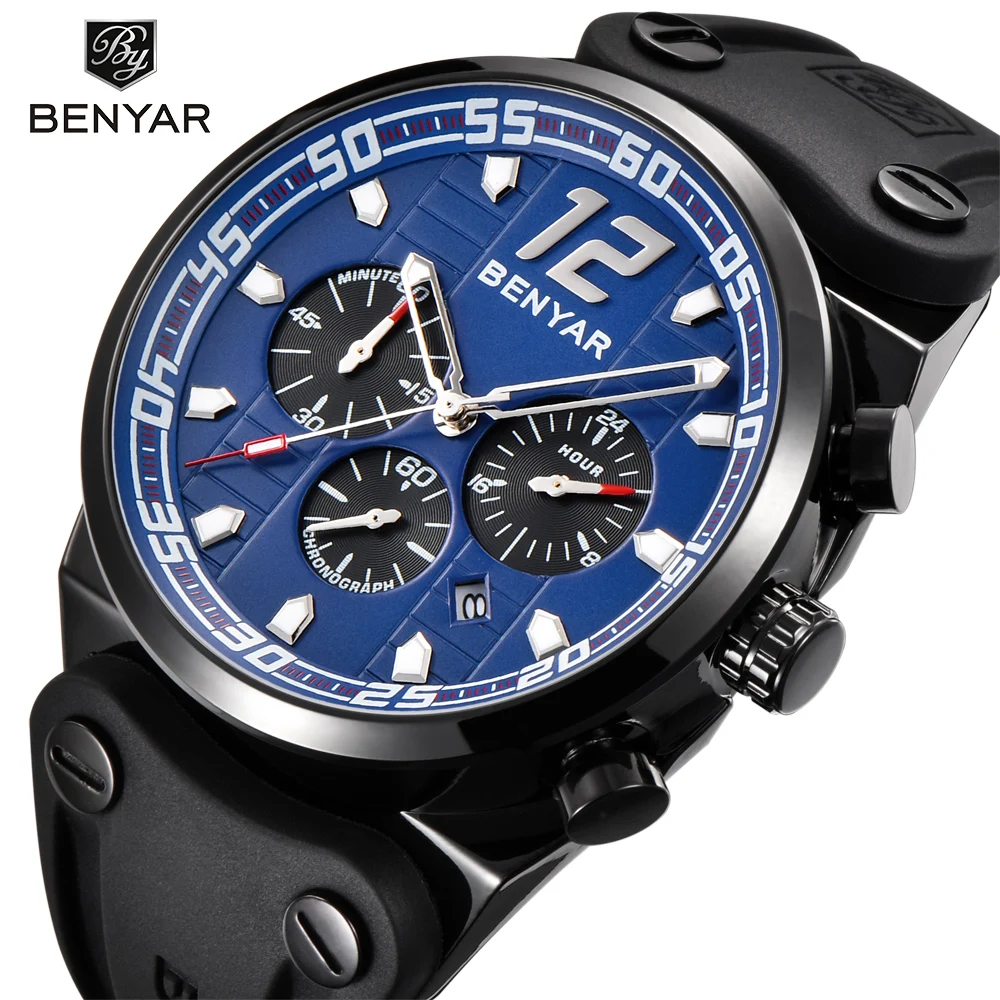 

BENYAR Fashion 3D Blue Dial Chronograph Sports Mens Watches Large Dial Design Silicone Quartz Military Watch Relogio Masculino