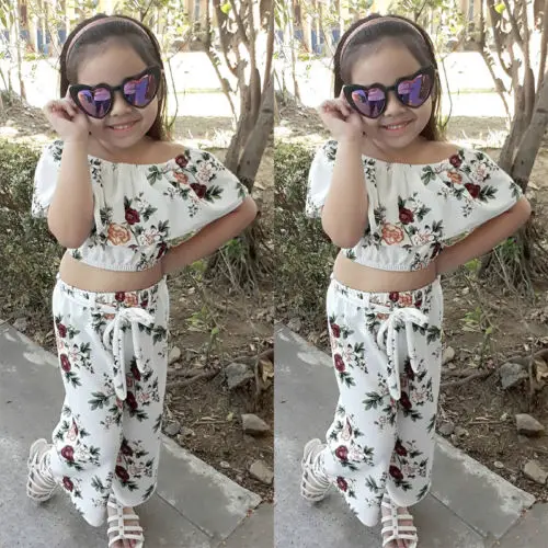 

New Style Kids Baby Girls Floral Off Shoulder Ruffled Top Wide Leg Long Pants Toddler Outfits Set Children Summer Clothes