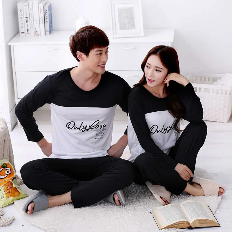 Women Men Letter Printed Pajamas Set Patchwork O-Neck Spring Autumn Women Pyjamas Long Sleeve Sleepwear Men Loungewear Pijama