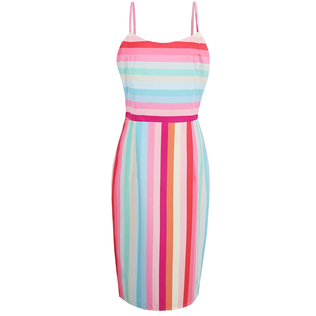 Women Beauty Vintage Dresses Stripe Rainbow Patchwork Retro Sleeveless Summer Dress Female Elegant Cotton Dress Swing Rockabilly